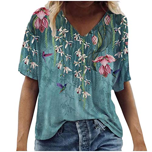 FMYONF Camisetas de mujer de manga corta, estilo informal, estilo vintage, para verano, blusas y túnicas, tallas grandes, estampado de flores, cuello redondo azul XXL
