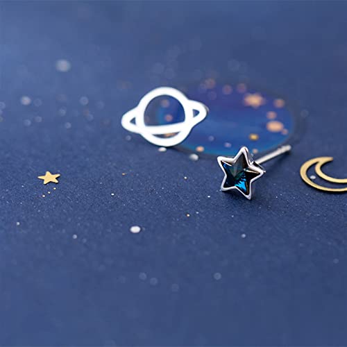 FURUIWUFENG Pendientes Fiesta 925 Plata Lindo Pequeño Planeta Asimétrico Star Stud Pendientes Girls Fashion Pendientes Creativos Joyería aretes de Mujer