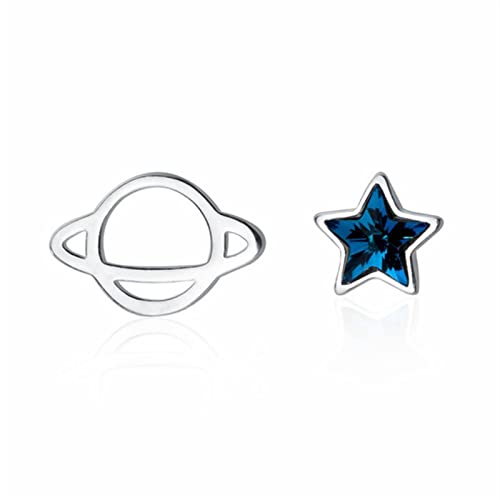 FURUIWUFENG Pendientes Fiesta 925 Plata Lindo Pequeño Planeta Asimétrico Star Stud Pendientes Girls Fashion Pendientes Creativos Joyería aretes de Mujer