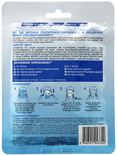 Garnier Hydra Bomb - Mascarilla facial con ácido hialurónico, granada y sérum hidratante, 1 x 32 g