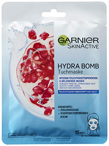 Garnier Hydra Bomb - Mascarilla facial con ácido hialurónico, granada y sérum hidratante, 1 x 32 g