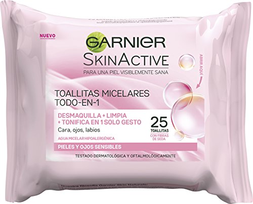 Garnier Skin Active - Toallitas Micelares Todo en Uno, Desmaquillantes, Limpiadoras y Tonificantes para Pieles, Labios y Ojos Sensibles - 25 Unidades