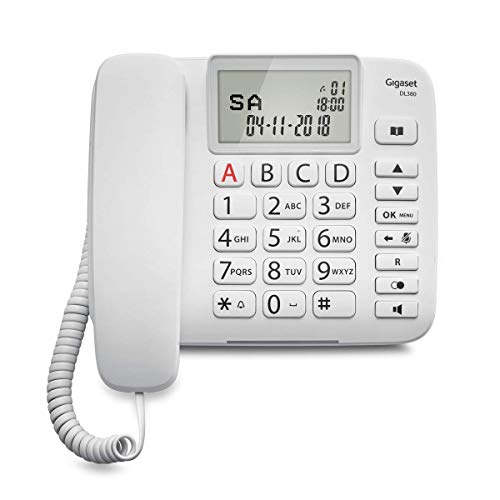 Gigaset DL380. Teléfono fijo con cable, Pantalla de alta visibilidad, Teclas grandes, Agenda para 99 contactos, Color Blanco