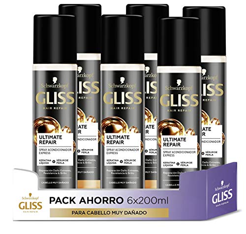 GLISS - Acondicionador Bifásico Sin Aclarado Express para pelo muy dañado con Keratina Líquida - Ultimate Repair - 6uds de 200ml (1.800ml) - Gama ultra reparación