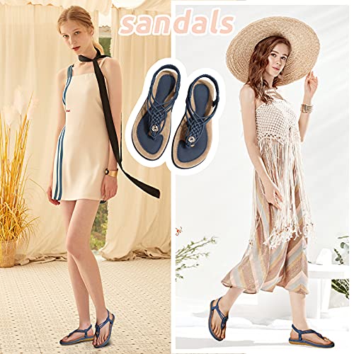 gracosy Sandalias Planas Verano Mujer Estilo Bohemia Zapatos de Dedo Sandalias Talla Grande Cinta Casuales Playa Chanclas Romanas de Mujer 2020 Azul Negro Moda