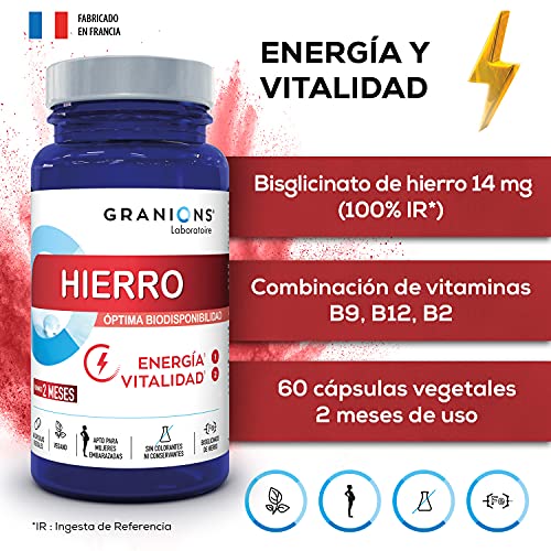 GRANIONS Ferro - bisglicinato 14 mg + vitaminas B - 60 cápsulas = 2 meses - Energía y vitalidad - 100% de la ingesta recomendada - Biodisponibilidad óptima - Mujeres embarazadas
