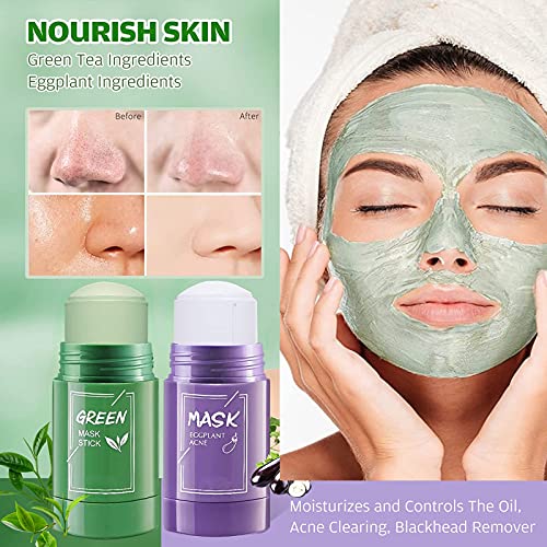 Green Stick Mask, Green Tea Cleansing Mask, Mascarilla Limpiadora Facial, Mascarilla Purificadora de Té Verde y Berenjena para limpieza del acné,Hidratar Piel Control de Aceite Anti Acné(2 Sticks)