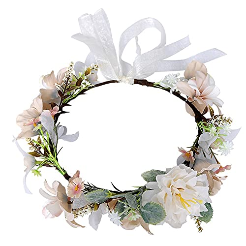 HAOSHICS Guirnalda de corona floral de simulación para el pelo, diadema de flores para novia, diadema con cinta para bodas, viajes, vacaciones, fiesta de fotos (polvo helado)