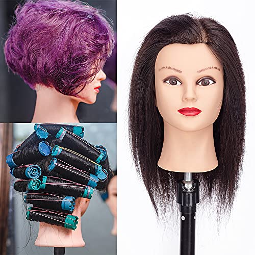 HLRM Cabeza Peluqueria con Cabello Humano Real 100%, Cabeza de Maniquí para Blanquear y Teñir, Cosmetología de Cabeza de Barbero, Cabeza de Muñeco (soporte de abrazadera de mesa incluido)