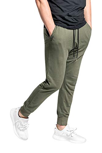 iconé Pantalones de chándal para hombre y mujer – Elegantes pantalones de entrenamiento de algodón ligero – Slim fit – Cremallera en los bolsillos – negro, gris y verde oliva Verde oliva. L