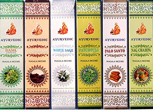 Incienso Masala Ayurvédico - Juego de 6 Paquetes: Palo Santo, Sabio Blanco, Nag Champa, Pachulí, Albahaca y Madera de Agar | 15 palos en cada paquete | Incienso enrollado a mano