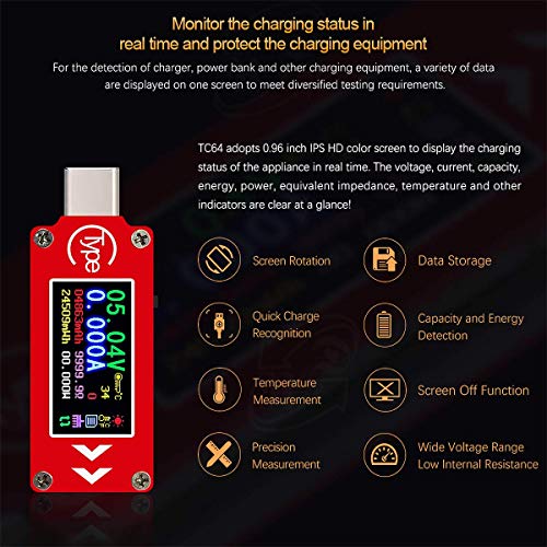 Innovateking-EU Type-C USB Voltage Tester Multímetro Voltímetro Amperímetro 0-4A 3.7-30V Tipo-C USB Current Medidor de Potencia Tester 0.96 Pulgadas IPS HD Display Multifunción Ammeter TC64