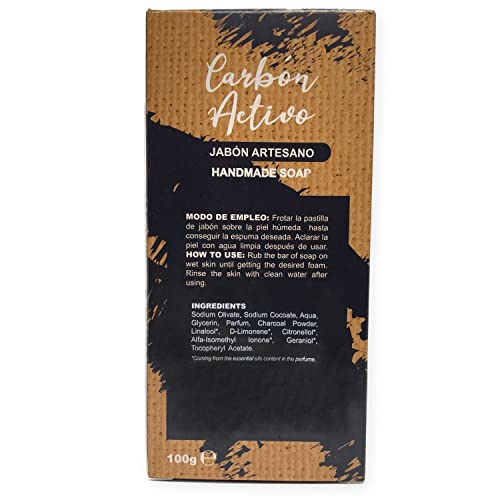 Jabón Natural de Carbón Activo - Jabon de Manos, Cuerpo, y Cara Limpiador Piel Grasa, Pastilla Sólida Ecológica y Artesanal, Fabricado en España, Vegano y Sin Aceite de Palma (100 g)