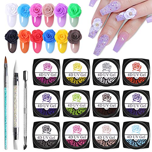 Kalolary Esmalte de Uñas de Arte,12 Colores Escultura tallada en gel para uñas con 1 bolígrafo de para esculturas de uñas, 1 cortador de cutículas de doble punta y un pincel