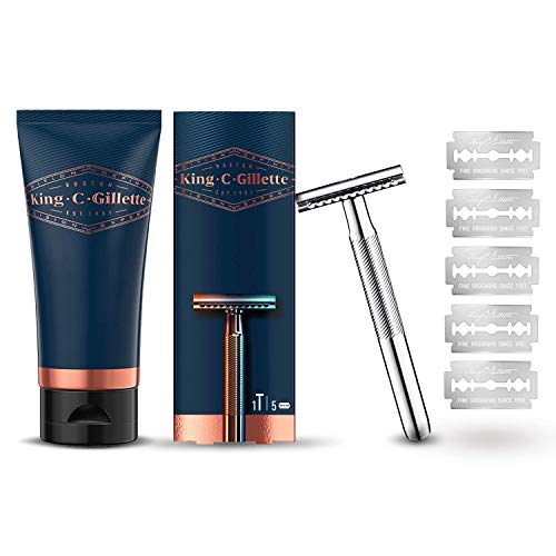 King C. Gillette Máquina de Afeitar de Doble Filo + 5 Cuchillas de Recambio + Gel Transparente Infusionado con Ingredientes Naturales, Regalos Originales para Hombre