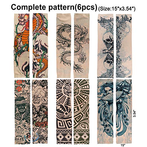 Konsait 6pcs Mangas tatuadas, Mangas Tatuajes Temporales Brazo Medias Falsos Mangas Tatuajes Temporales para Hombres y Mujeres Fiesta de Disfraces