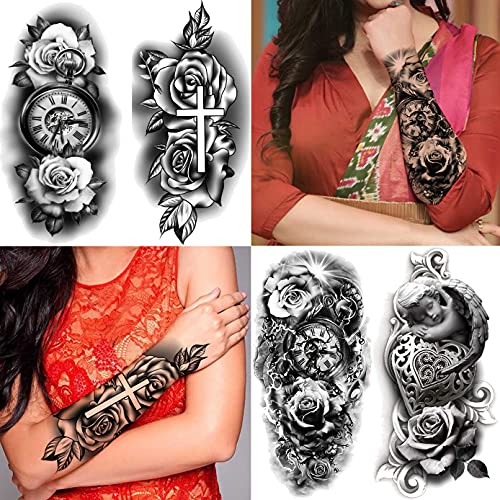 Laroi 22 Hojas Calavera Rosa 3D Tatuajes Temporales Adultos Mujer Flor Serpiente Realista Tatuajes Temporales Niñas Brújula Reloj Cruz Tatuajes Falsos Adhesivos Brazo Cuello Antebrazo Arte Corporal