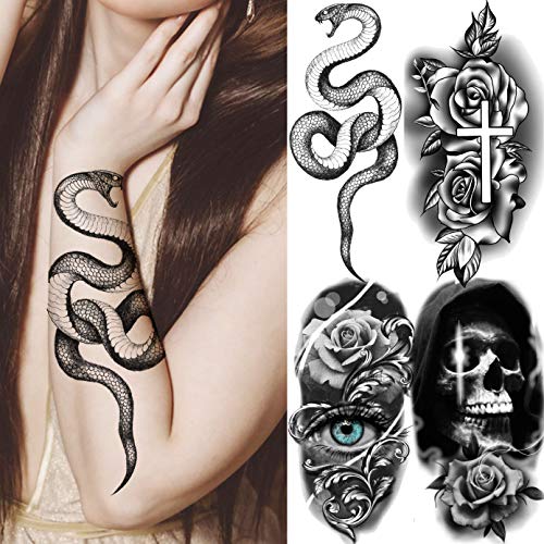 Laroi 22 Hojas Calavera Rosa 3D Tatuajes Temporales Adultos Mujer Flor Serpiente Realista Tatuajes Temporales Niñas Brújula Reloj Cruz Tatuajes Falsos Adhesivos Brazo Cuello Antebrazo Arte Corporal