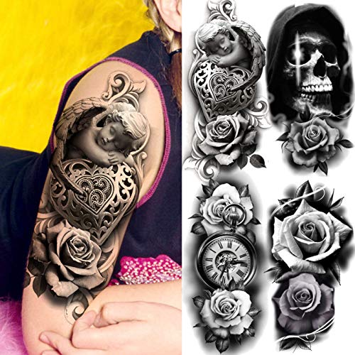 Laroi 22 Hojas Calavera Rosa 3D Tatuajes Temporales Adultos Mujer Flor Serpiente Realista Tatuajes Temporales Niñas Brújula Reloj Cruz Tatuajes Falsos Adhesivos Brazo Cuello Antebrazo Arte Corporal