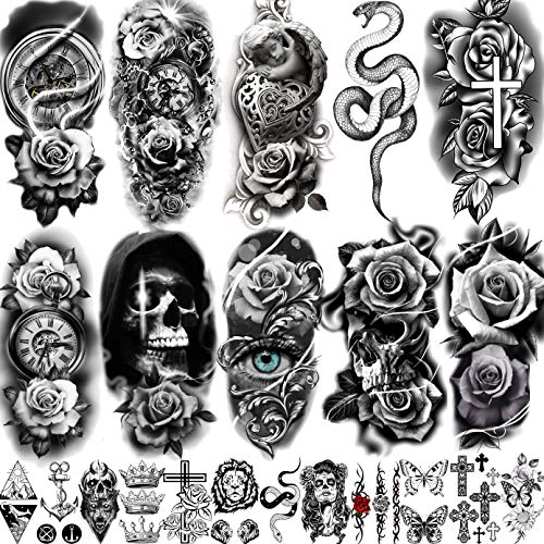 Laroi 22 Hojas Calavera Rosa 3D Tatuajes Temporales Adultos Mujer Flor Serpiente Realista Tatuajes Temporales Niñas Brújula Reloj Cruz Tatuajes Falsos Adhesivos Brazo Cuello Antebrazo Arte Corporal