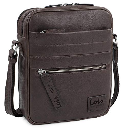 Lois - Bolso Hombre Bandolera Piel Grande - Bolso de Hombro de Piel Cuero Auténtico de Marca LOIS - Bolsito Hombre Piel para Uso Casual, Trabajo o Viaje 305926, Color Marron