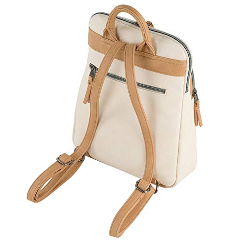 Lois - Bolso Mochila Mujer Casual Pequeña de Piel Vegana PU con Bordados de Marca LOIS. Bolso para iPad, Doble Compartimento Frontal y Bolsillo Trasero con Cremallera 310723, Color Beige