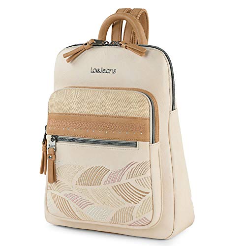 Lois - Bolso Mochila Mujer Casual Pequeña de Piel Vegana PU con Bordados de Marca LOIS. Bolso para iPad, Doble Compartimento Frontal y Bolsillo Trasero con Cremallera 310723, Color Beige