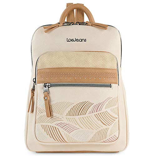 Lois - Bolso Mochila Mujer Casual Pequeña de Piel Vegana PU con Bordados de Marca LOIS. Bolso para iPad, Doble Compartimento Frontal y Bolsillo Trasero con Cremallera 310723, Color Beige