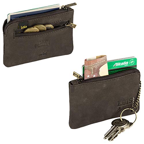 Lois - Monedero Hombre de Cuero Piel Genuina Pequeño de Marca LOIS. Llavero de Piel. Monedas Llaves Billetes Tarjetas DNI. Protección Seguridad Antiescaneo RFID. 202802, Color Marron