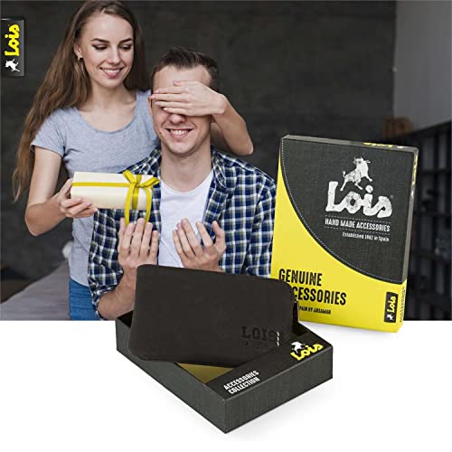 Lois - Monedero Hombre de Cuero Piel Genuina Pequeño de Marca LOIS. Llavero de Piel. Monedas Llaves Billetes Tarjetas DNI. Protección Seguridad Antiescaneo RFID. 202802, Color Marron