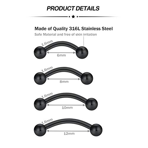 Longita 4 Pares Curvados Ceja Oreja Ombligo Vientre Anillo Barbell Rook Pendientes 14G Acero Inoxidable Piercing Joyería 6mm 8mm 10mm 12mm-Negro