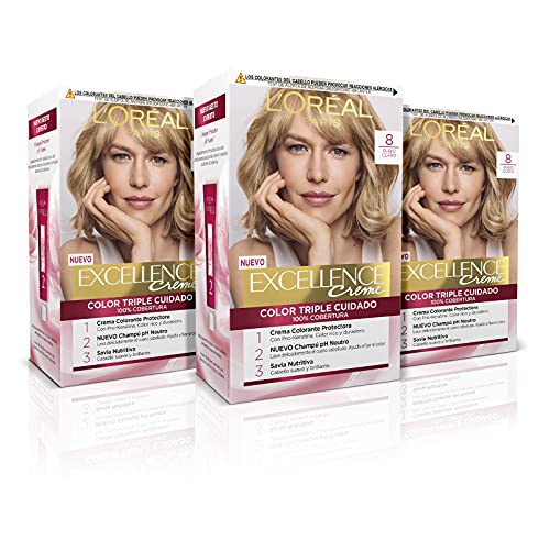 L'Oréal Paris Excellence Creme Tinte Permanente Triple Cuidado 00% Cobertura Canas Tono 8 Rubio Claro - Pack 3 Es, Amarillo