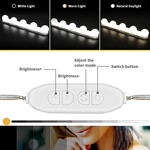 Luces para Espejo de Maquillaje, LED Lámpara de Espejo Cosmético de Tocador con Estilo Hollywood 5 Piezas Bombillas Regulable con USB Puerto, 10 Niveles de Brillo y 3 Modos de Color