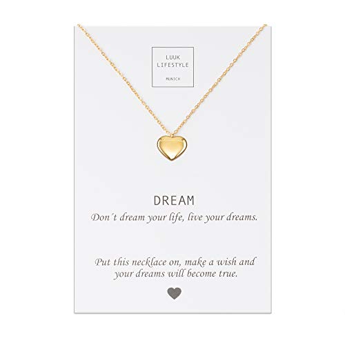 LUUK LIFESTYLE Collar de acero inoxidable con colgante de corazón y tarjeta de DREAM, amuleto de la suerte, cadena de la amistad, regalo de cumpleaños, Navidad, oro