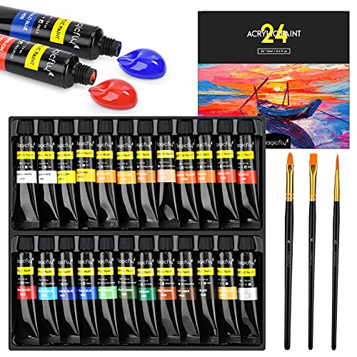Magicfly Pintura Acrílica 24 Tubos 12 ml, Kit de Pintura Acrilica para Manualidades, Papel de Lienzo, Vidrio, Madera, Modelar, para Artistas, Niños