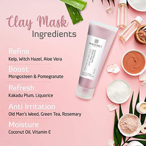 Mascarilla de Arcilla Rosa Australiana MagiForet, Mascarilla Facial Exfoliante, Tratamiento del Acné Aclarar la Piel y Cerrar Poros Para Pieles Grasas, Mixtas, Sensibles, Puntos Negros, Fórmula Vegana