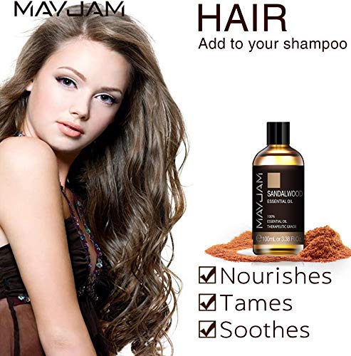MAYJAM Aceites Esenciales de Sándalo 100 ml, 100% Aceites Esenciales Naturales Puros, Aceite Esencial de Aromaterapia de Grado Terapéutico, Aceites de Fragancia para Difusor Humidificador Relajación