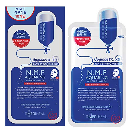 Mediheal Máscara de ampolla acuosa NMF EX. 10 mascarillas, hoja de mascarilla facial con NMF, ácido hialurónico y extractos de hamamelis, mascarilla facial de hoja de algodón
