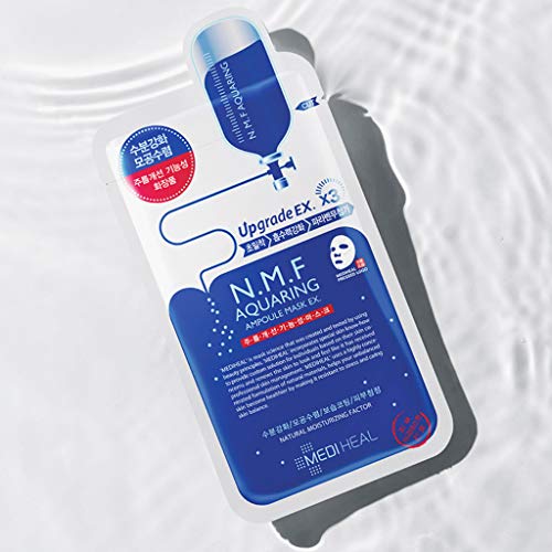 Mediheal Máscara de ampolla acuosa NMF EX. 10 mascarillas, hoja de mascarilla facial con NMF, ácido hialurónico y extractos de hamamelis, mascarilla facial de hoja de algodón