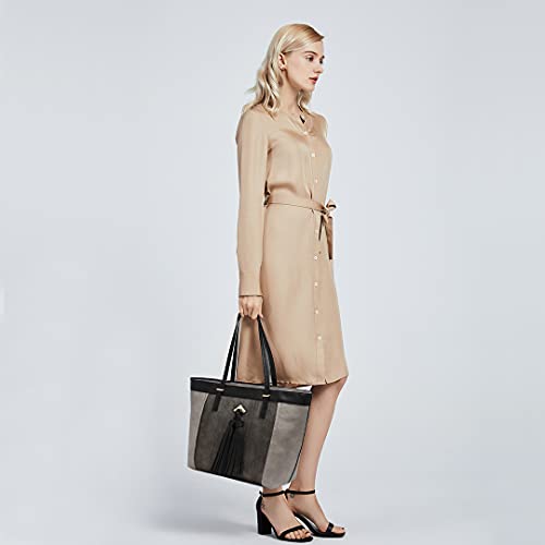 Miss Lulu Mujer Bolsos Totes Bolso de Mano Moda Grande Bolsa de Hombro con Asas Cuero Sintético Borla (Gris)