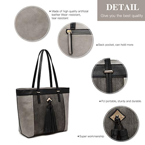 Miss Lulu Mujer Bolsos Totes Bolso de Mano Moda Grande Bolsa de Hombro con Asas Cuero Sintético Borla (Gris)
