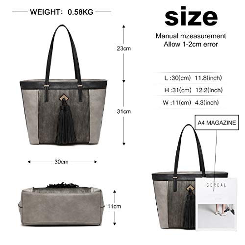 Miss Lulu Mujer Bolsos Totes Bolso de Mano Moda Grande Bolsa de Hombro con Asas Cuero Sintético Borla (Gris)