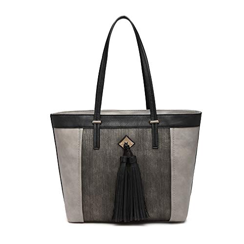 Miss Lulu Mujer Bolsos Totes Bolso de Mano Moda Grande Bolsa de Hombro con Asas Cuero Sintético Borla (Gris)