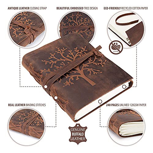 Moonster Cuaderno de Cuero Árbol de la Vida – Diario de Escritura Hecho a Mano – Bloc de Notas para Hombre y Mujer - Papel Blanco Liso 18x13 cm - Diario de Cuero