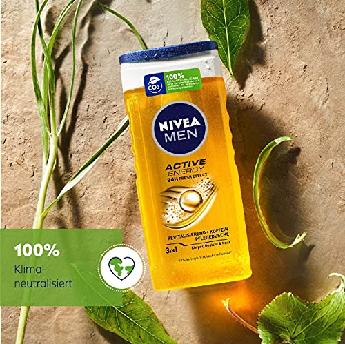 NIVEA MEN Active Energy - Gel de ducha (250 ml), refrescante gel de ducha con cafeína natural, ducha revitalizante para cuerpo, cara y cabello
