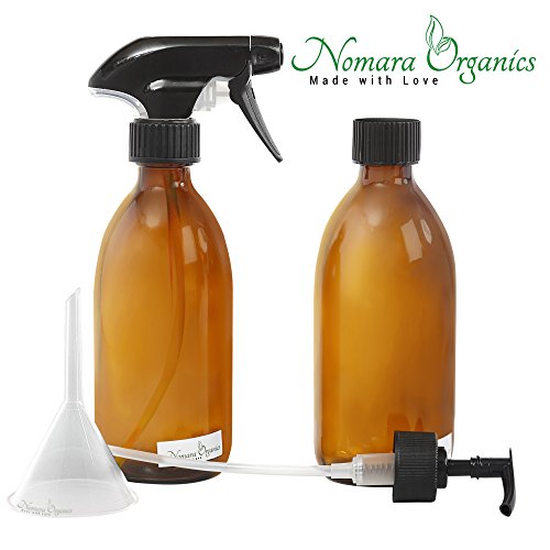 Nomara Organics® Juego de botella de Spray de vidrio ámbar + Loción Bomba 300 ml..aceite dispensador + transferencia embudo