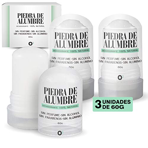 O³ Piedra de Alumbre Desodorante - 3 Unidades de 60g -100% Natural - Sin Aluminio - sin Parabenos - Desodorante Natural Hombre y Mujer