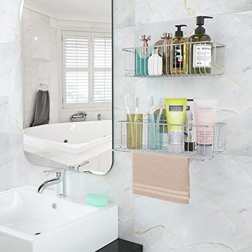 Organizador de estante de baño, 2 unidades sin perforación, cesta de ducha con ganchos y toallero para la organización de baño, cocina, inodoro, almacenamiento de dormitorio, acero inoxidable