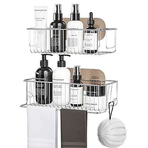Organizador de estante de baño, 2 unidades sin perforación, cesta de ducha con ganchos y toallero para la organización de baño, cocina, inodoro, almacenamiento de dormitorio, acero inoxidable