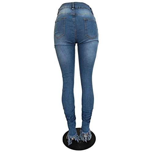 Pantalones de Tubo con Flecos Rasgados, Pantalones Vaqueros Sexis para Mujer, Pliegues de Cintura Media, Cremallera clásica asimétrica y cómoda a la Moda y Rasgada M